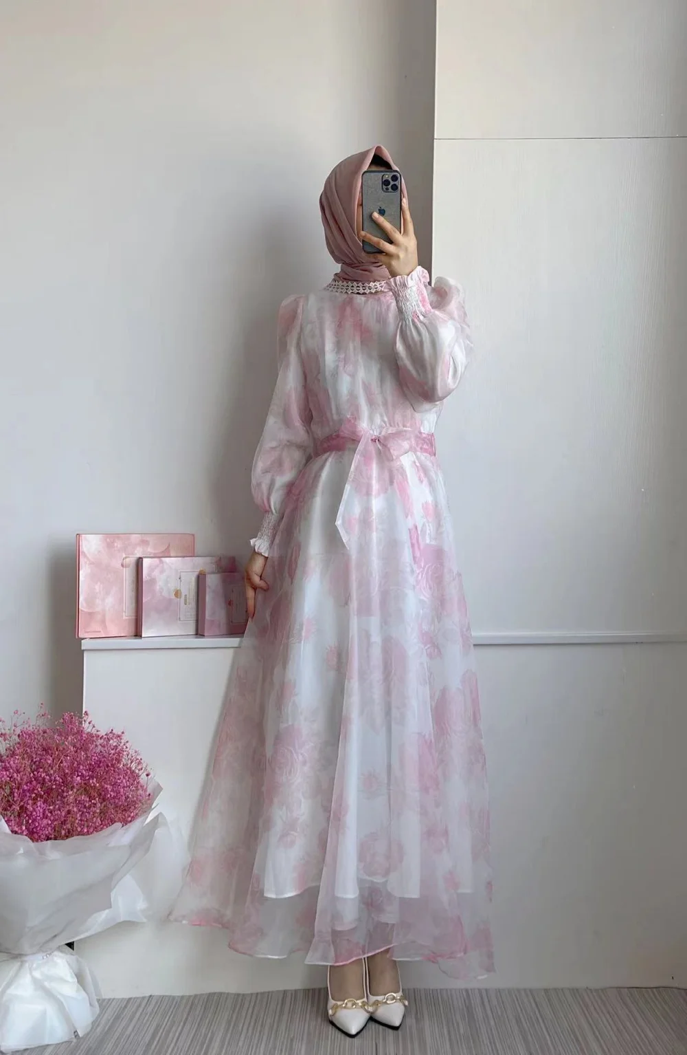 New Muslim Arab Pakistan Women's Fashion Printed Organza Dress Middle East Moroccan Kaftan Abayas for Women Robes