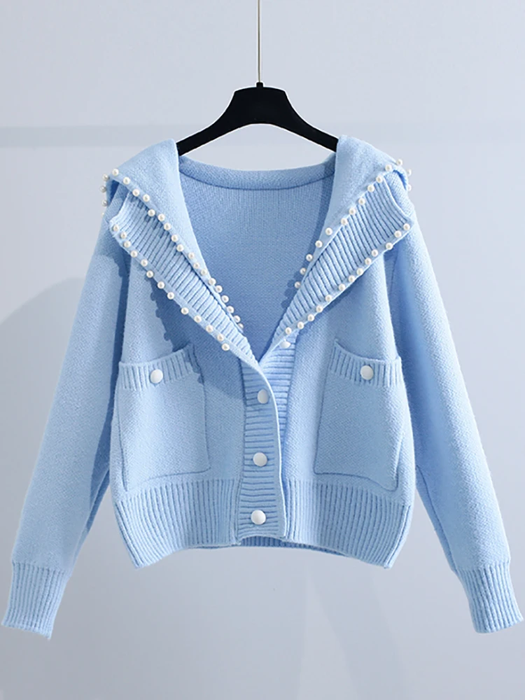 Брендовая скидка с бусинами свитер матросским воротником кардиган женская