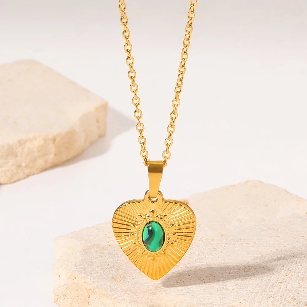 

Turquoise Gold Color Heart Necklace For Women Vintage Oval Opal Choker Stainless Steel Chain Natural Stone Jewelry On Neck Gifts