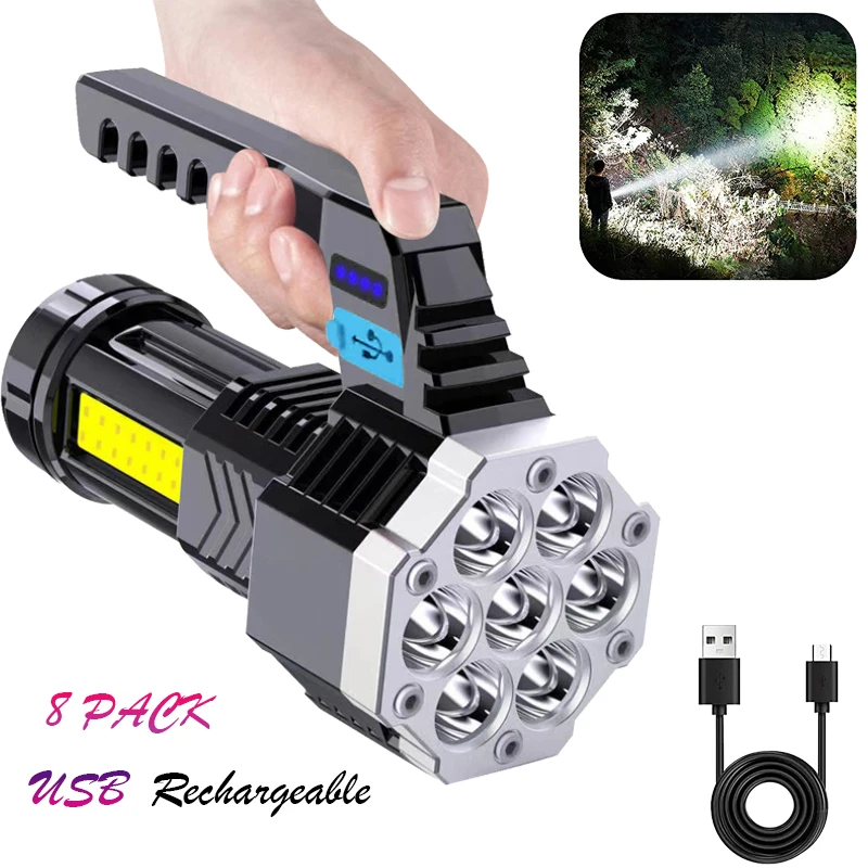 8 PACK High Power Rechargeable Led Flashlights 7LED Camping Torch With COB Light Outdoor 40000LM Lightweight Portable Lighting