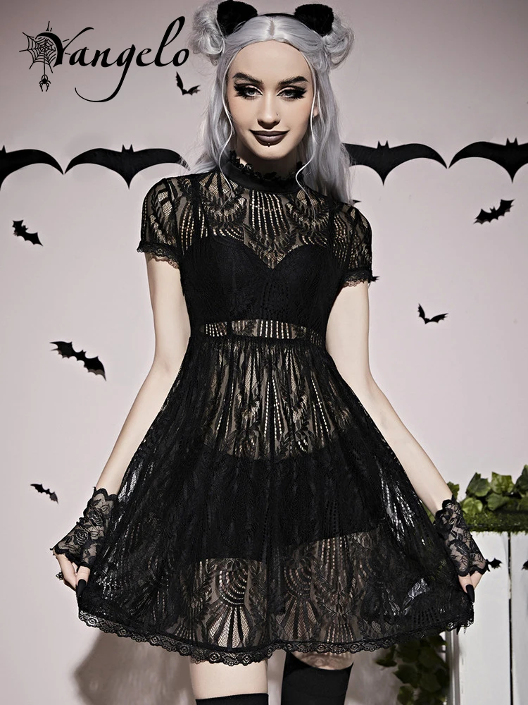 

Сексуальное женское платье Yangelo Dark, готическое кружевное платье-пуловер с коротким рукавом и высоким воротником
