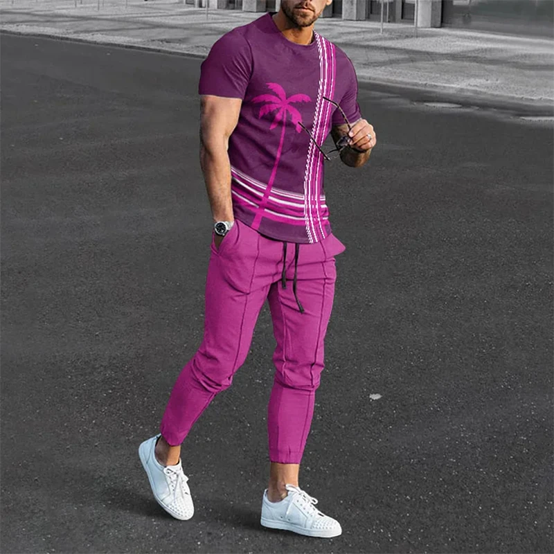 Hawaii Men's T-shirt Pants Tracksuit Coconut Tree 3D Print T Shirts Trousers Set 2 Pieces Streetwear Oversized Suits Sportswear