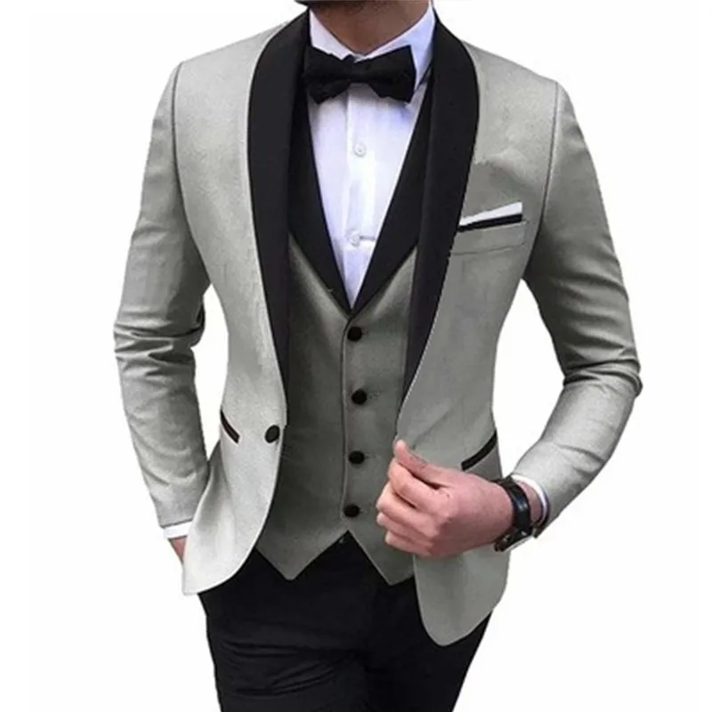 White Slit Mens Suits 3 Piece Black Shawl Lapel Casual Groom Tuxedos For Wedding Groomsmen Suits Men 2022 (Blazer+Vest+Pant)