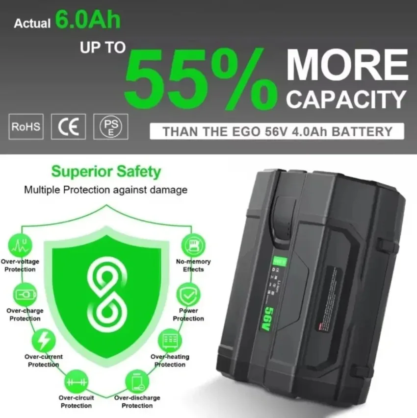 Фото Сменный аккумулятор EGO BA2800 56V 6000mAh, совместимый с EGO BA2800T BA4200 BA4200T BA1400 BA1400T BA5600T BA2240 BA1120 №5