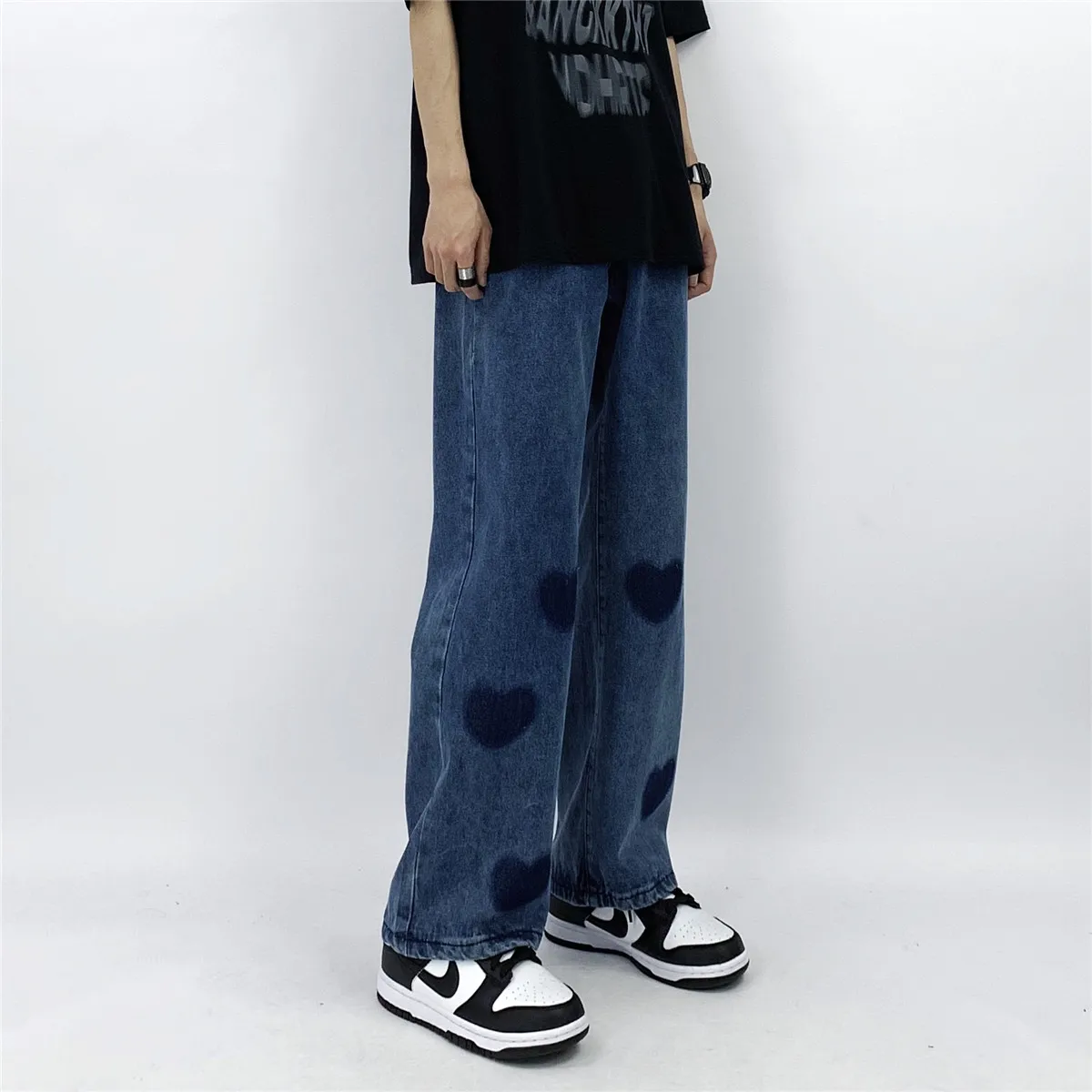 Men Jeans Ins Hip Hop Trend Love Print Straight Wide Leg Pants Loose Casual Jeans Men and Women Trousers Y2k Pants Ins Hot Sale