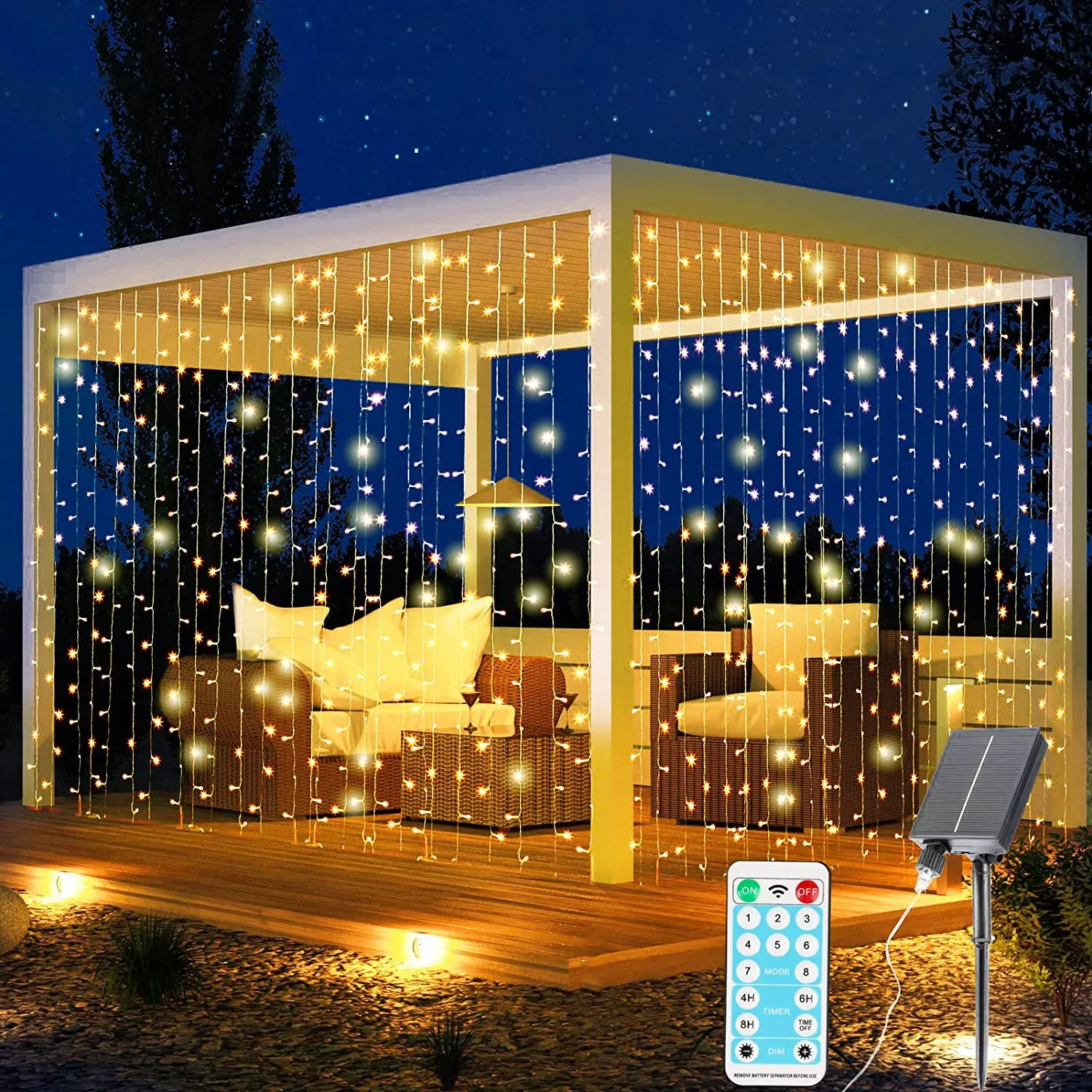 

Solar Curtain Lights Outdoor Fairy Christmas Lights 300LED Remote Control Waterproof Solar String Lights Garden Patio Yard Party