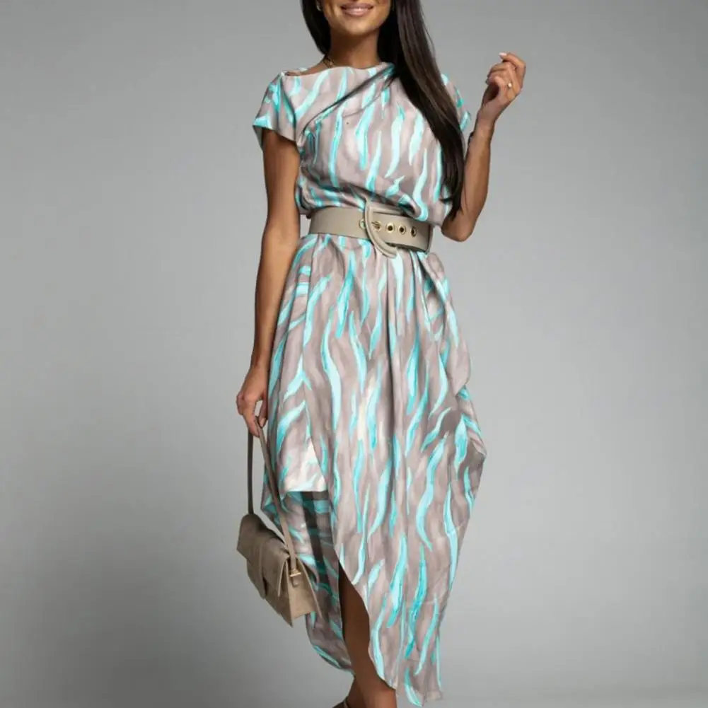 

Fashion Ladies Dress Stripe Printing Loose Culf Dress Inclined Shoulder Irregular Casual Long Dresses