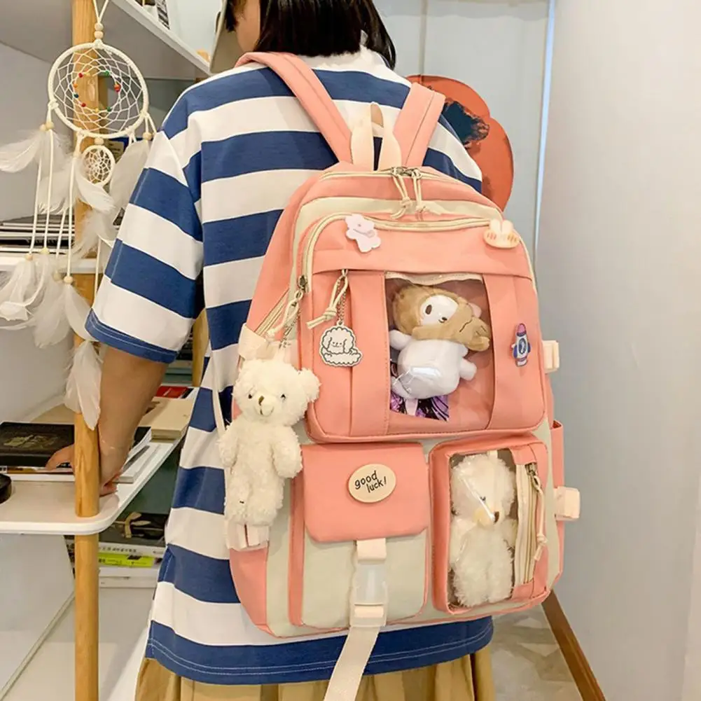 Popular Korean Style Canvas Smooth Zipper Anti-scratch Bookbag Messenger Bag Student Backpack Girls Backpack 5Pcs/Set