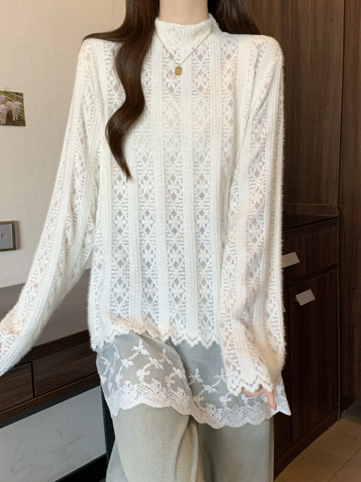 Французская рубашка Gentle Sle с воротником до половины высоты кружевная нижняя