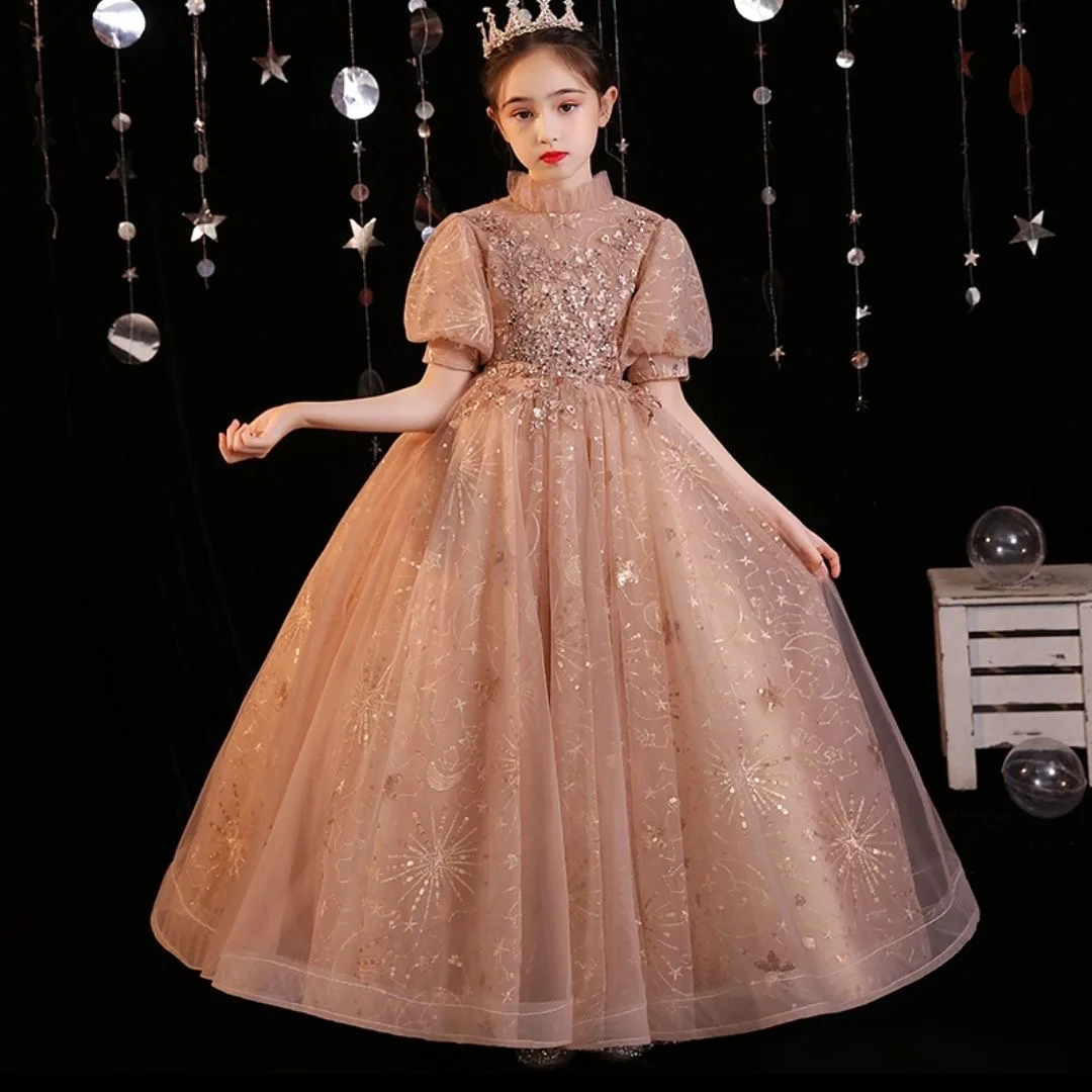 

Vintage Glitter Sequin Princess Flower Girl Dress Wedding Birthday Party Kids Dresses Children's Costume Teenager Prom Designs