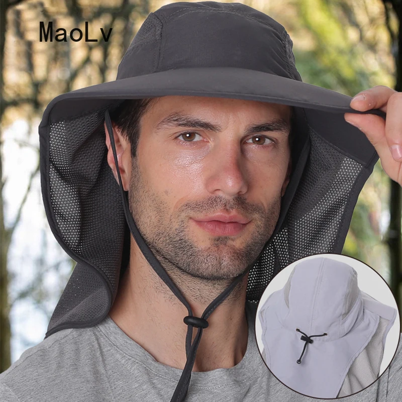 NEW Men Wide Large Brim Shawl Bucket Hat Summer Outdoor Fishing Hiking UV Anti Neck Protection Sun Cap Women Breathable Hat