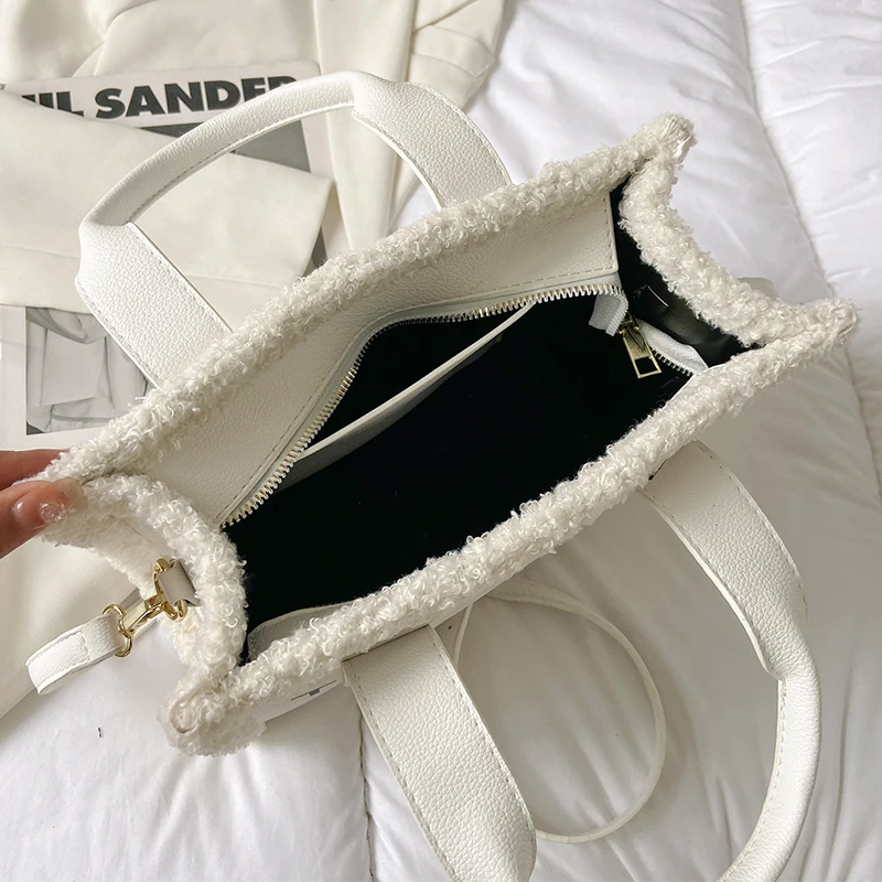 Female White Tote Handbag Medium Pu Leather Furry Letter Print Lovers' Crossbody Bag Top Handle Aesthetic Women's Shoulder Bags