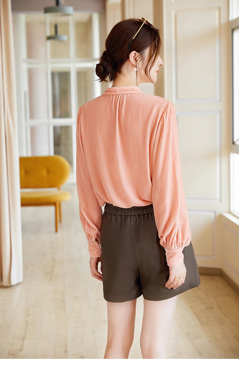 Весенне-осенняя шелковая бархатная розовая рубашка с длинными рукавами блузка