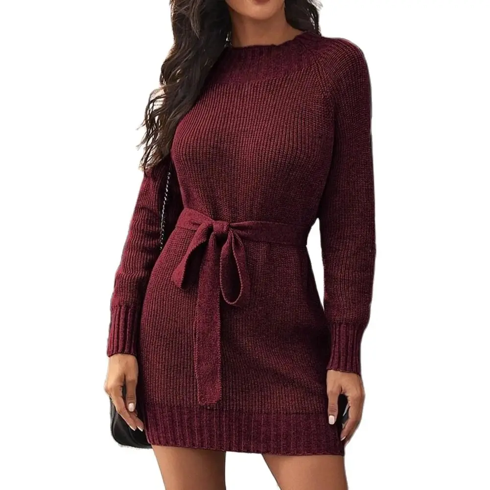 

Мини-платье для нового года 2022, платье-свитер с длинными рукавами и манжетами в рубчик, осенне-зимнее мини-платье-свитер с поясом, трикотажна...