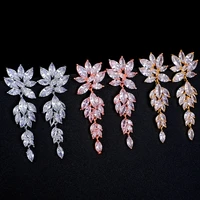 ekopdee luxury flower crystal earrings for women fashion cubic zirconia long gold wedding earrings female prom jewelry aretes