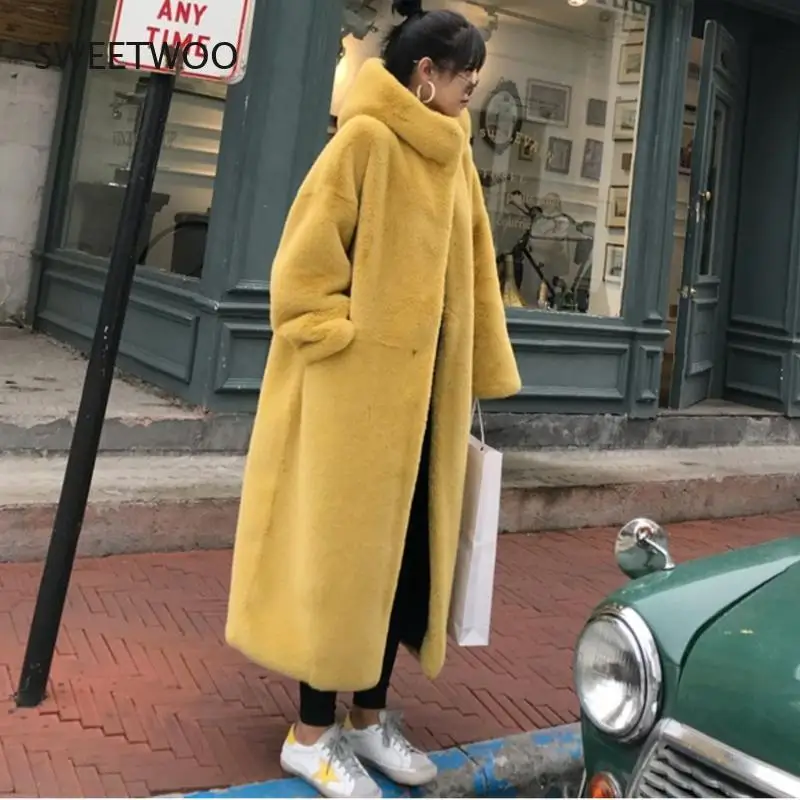 2021 Winter Hooded Women Faux Fur Coat Ladies Thick Warm Outwear Long Fur Jacket Casaco Feminino Inverno Tedy Contracted Slim