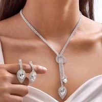 bridal rhinestone big water drop pendant choker necklace earrings set wedding jewelry for women crystal long tassel necklace