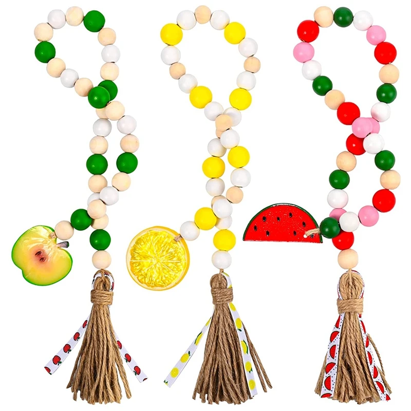 

Fruit Wood Beads Garland With Tassels Farmhouse Colorful Beaded Garland Summer Tiered Tray Decor Fruits Decor 3 Pieces