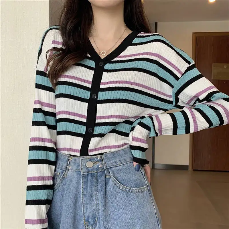 

Retro Contrast Color Striped V-neck Cardigan Long Sleeve Top Knitted Women Autumn Korean Fashion Loose All-match Women's Sweater
