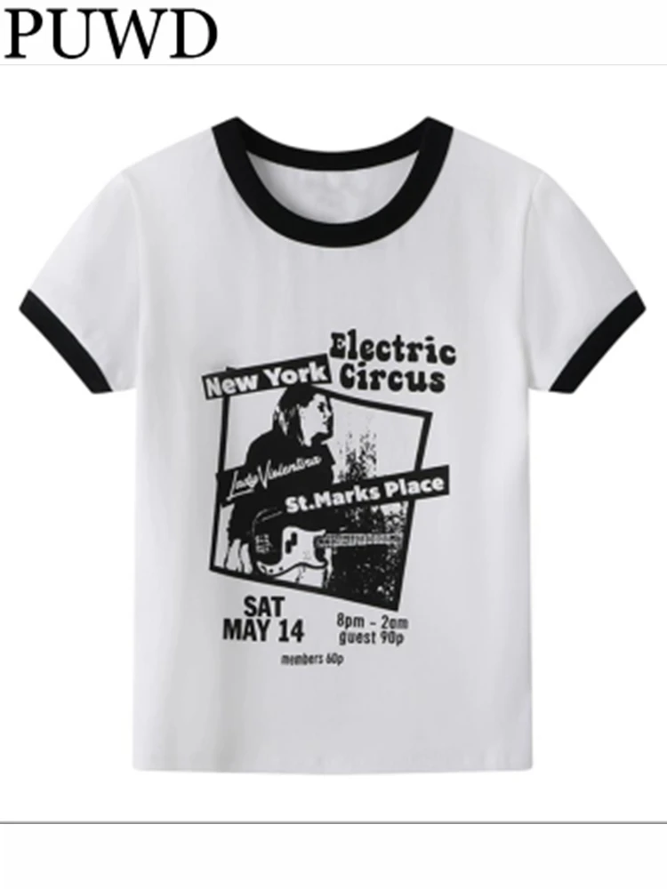 

Повседневные женские футболки PUWD из мягкого хлопка с принтом и ремешком для девушек 2023 летние модные женские винтажные шикарные топы с круглым вырезом и коротким рукавом для женщин