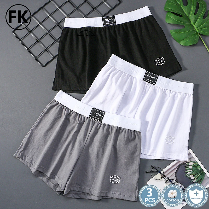 FK Mens Summer Underwear Boxers Shorts Casual Cotton Sleep Underpants Quality Solid Loose Homewear Bear Printing Arrow Panties