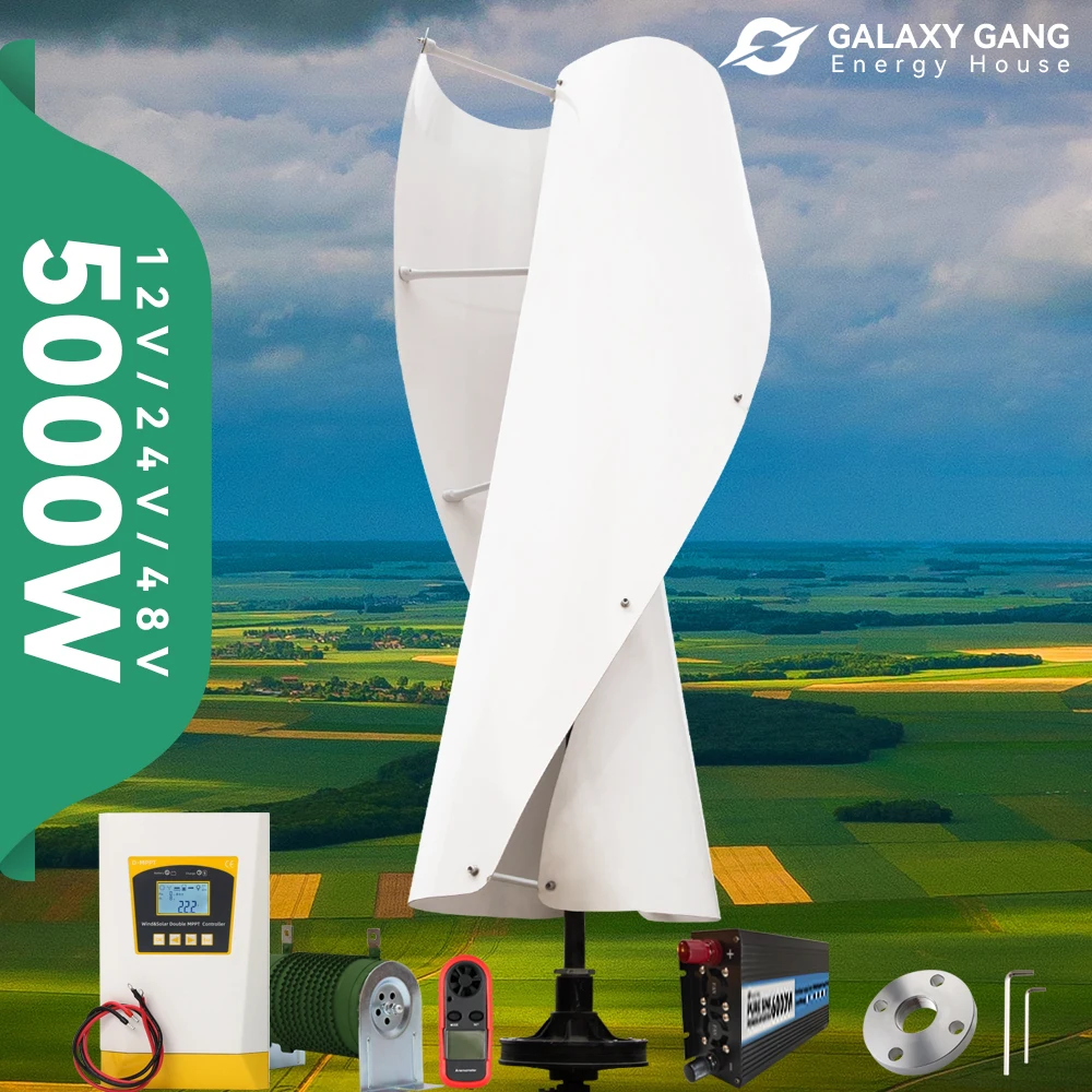 

Vertical Axis Spiral Windmill Turbine Generator 5kw 1.3m 2 Baldes 12v 24v 48v Home Optional Hybrid Off Grid System Controller