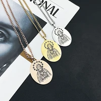 stainless steel women necklace fashion design carved virgin mary oval hang tag pendant cuban chain choker jewelry christmas gift