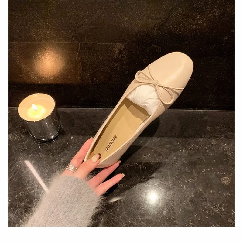 French Round Head Style Shallow Mouth Spring and Autumn Flat Bottom Bow Ballet Dance Girl Single Shoe