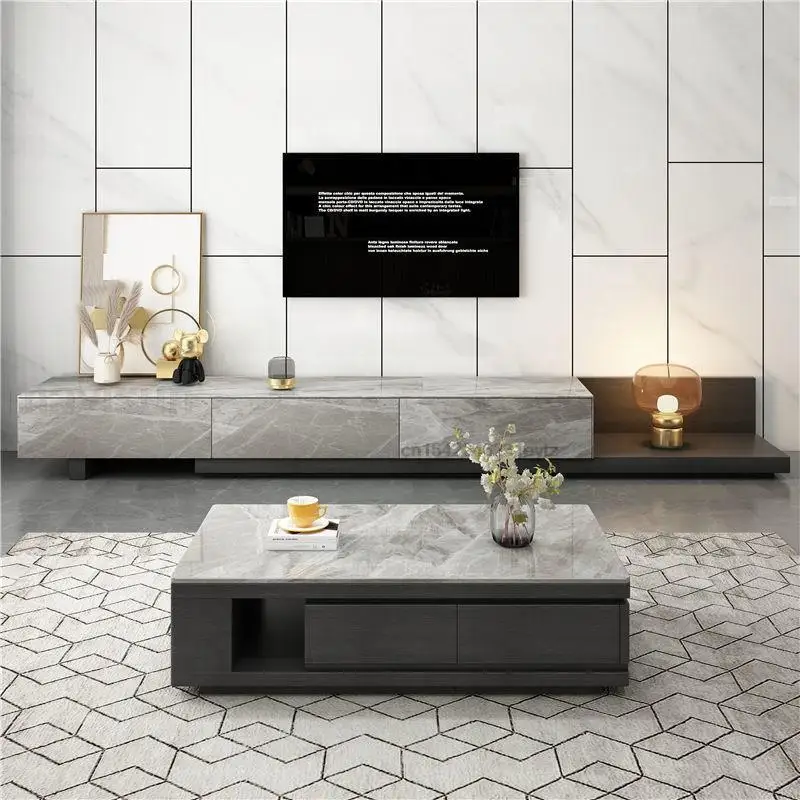

Italian High-grade Gray Slate Tea Table Living Room Retractable Tv Cabinet Combination Aesthetic Auxiliary Table Household