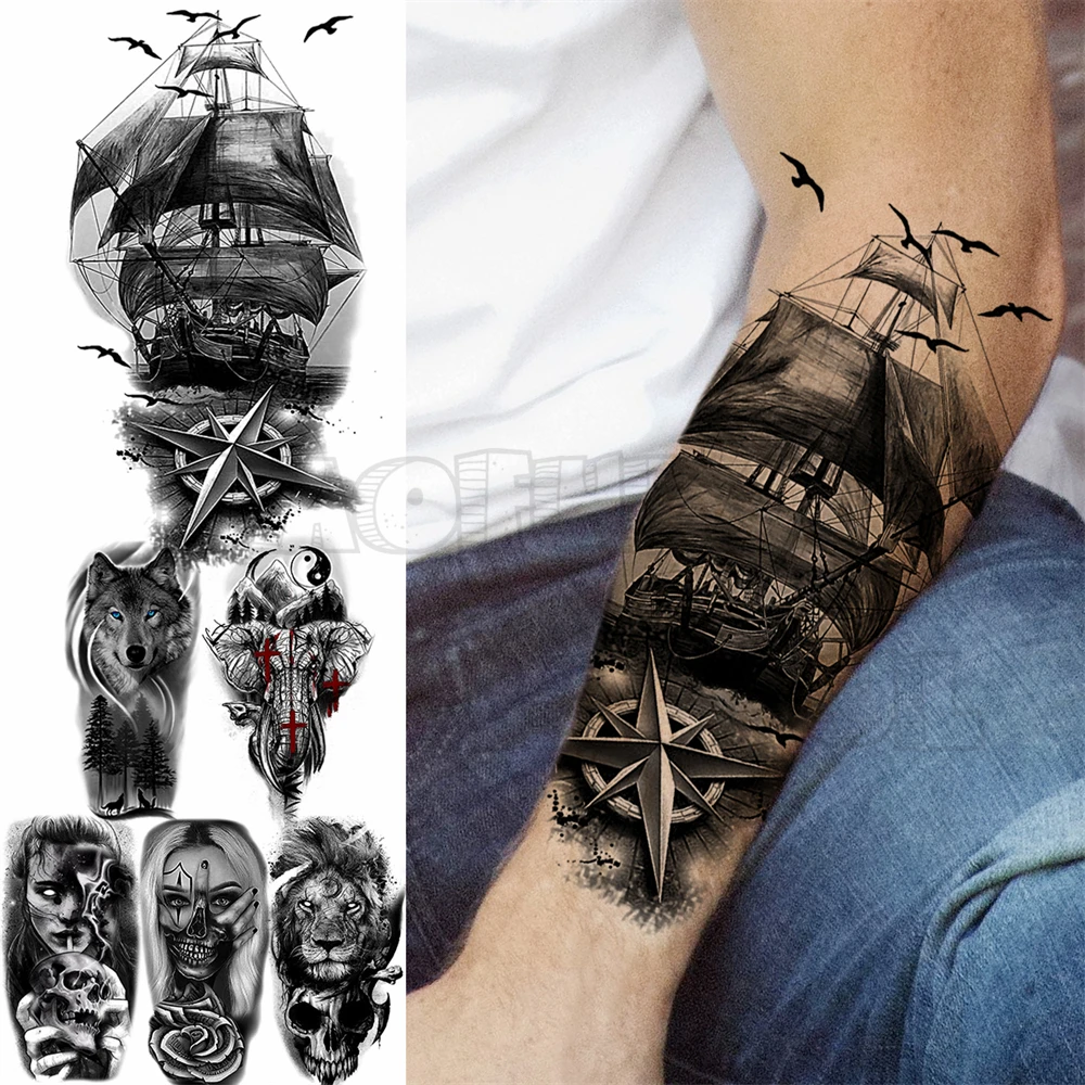 

Pirate Ship Anchor Temporary Tattoos For Men Women Adult Rose Flower Pirate Skull Fake Tattoo Fake Tattoo Body Art Tatoos Large