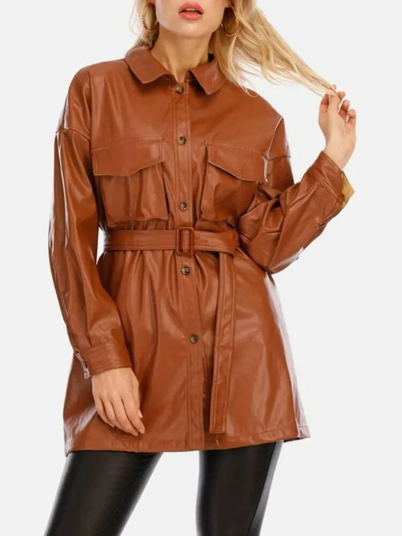 Women Stylish Trench Coat Lambskin Leather Trench Coat Long Leather Coat Genuine Leather Jacket