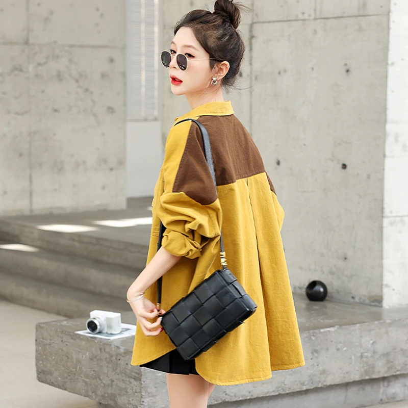 

Patchwork Shirt Jacket Womens Spring Autumn Streetwear Blouse Tops Basic Coat Outerwear Chaquetas Mujer