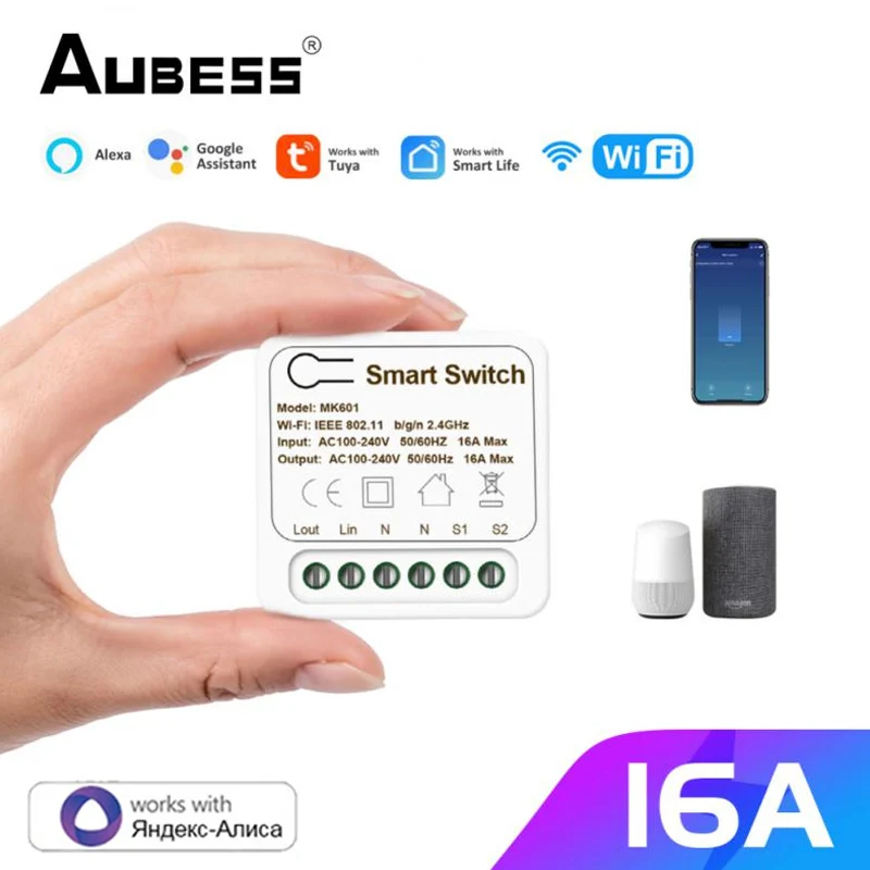 

Aubess MINI Smart WiFi Light Switch 2-way Breaker Home Automation DIY Timing Relay Module For Tuya App Yandex Alexa Google Home