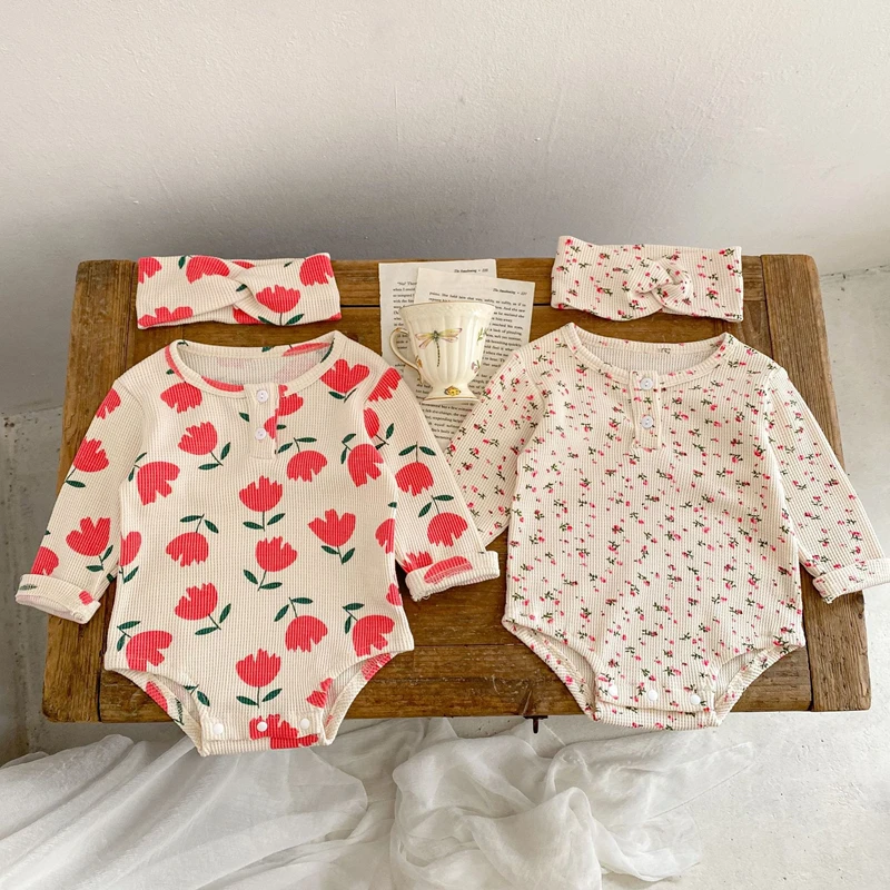 

Infant Baby Girl Romper Spring Autumn Flowers Print Waffle Bodysuit for Newborns Cotton Long Sleeve Kids Clothes Girls Costumes