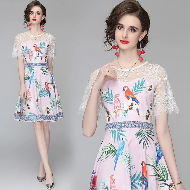 

2022 Summer New Women's Wear Contrast Print Mosaic Lace Round Neck Short Sleeve Waist Fashion Beach Holiday Banquet Dress
