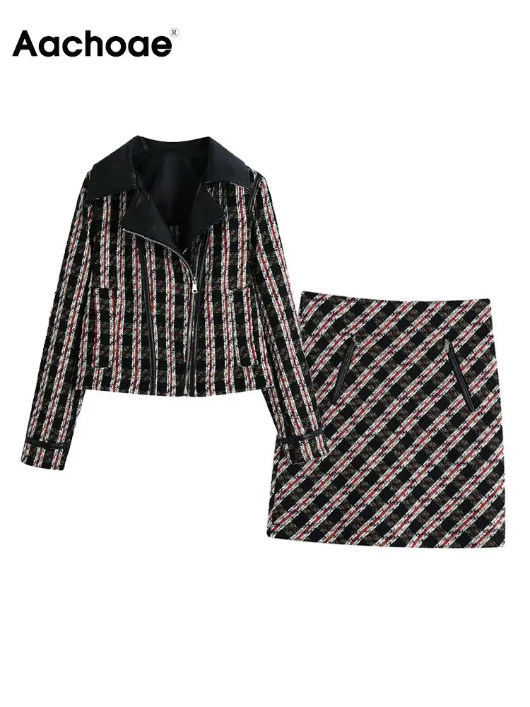 

Женский комплект из 2 предметов Aachoae, повседневная клетчатая куртка с длинным рукавом и принтом, приталенная трапециевидная мини-юбка с высокой талией