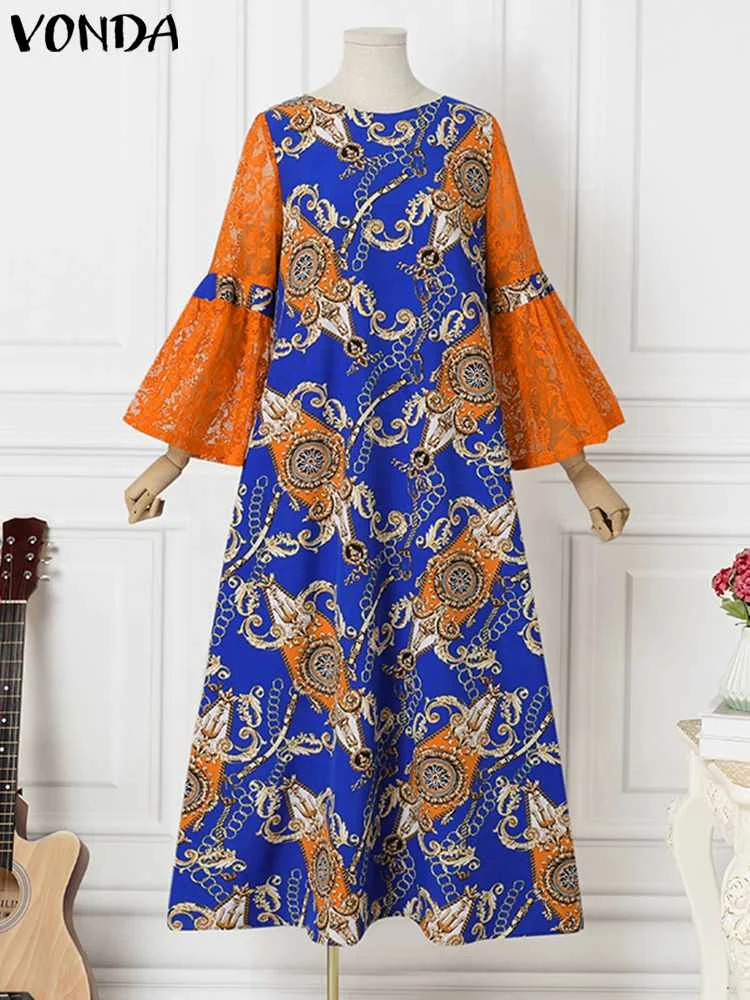 VONDA Plus Size Women 2023 Summer  Printed Maxi Dress Long Flare Sleeve Patchwork Lace Party Vestidos Casual Loose Robe Femme
