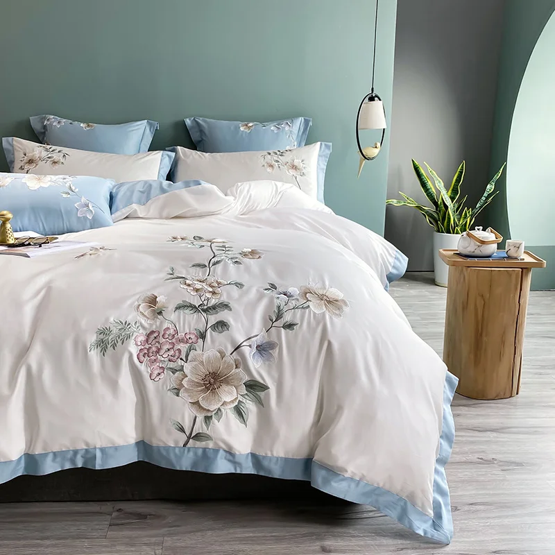 

Luxury 600TC Egyptian Cotton Pastoral style Flowers Birds Embroidery Bedding Set Duvet Cover Bed Sheet Pillowcases Home Textiles