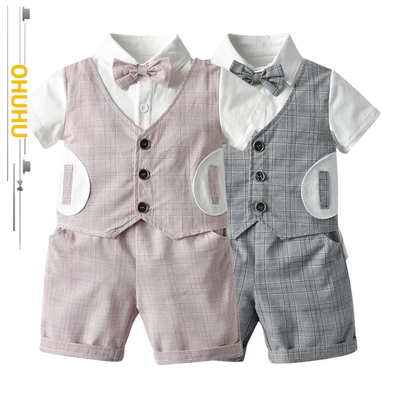 

2022 Summer New Formal Dress Boy Baby Suit Gentleman Short-sleeved Houndstooth Fake Vest Two-piece Suit Pink 3005