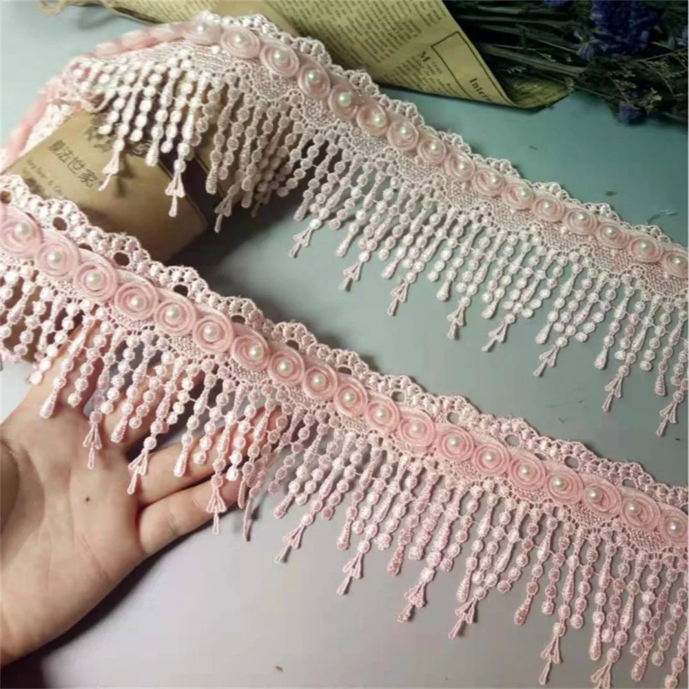 

1 Yard Pink Pearl Tassel Plum Flowers Pearl Lace Trimmings Ribbons Beaded Lace Fabric Embroidered Sewing Wedding Dress 8cm