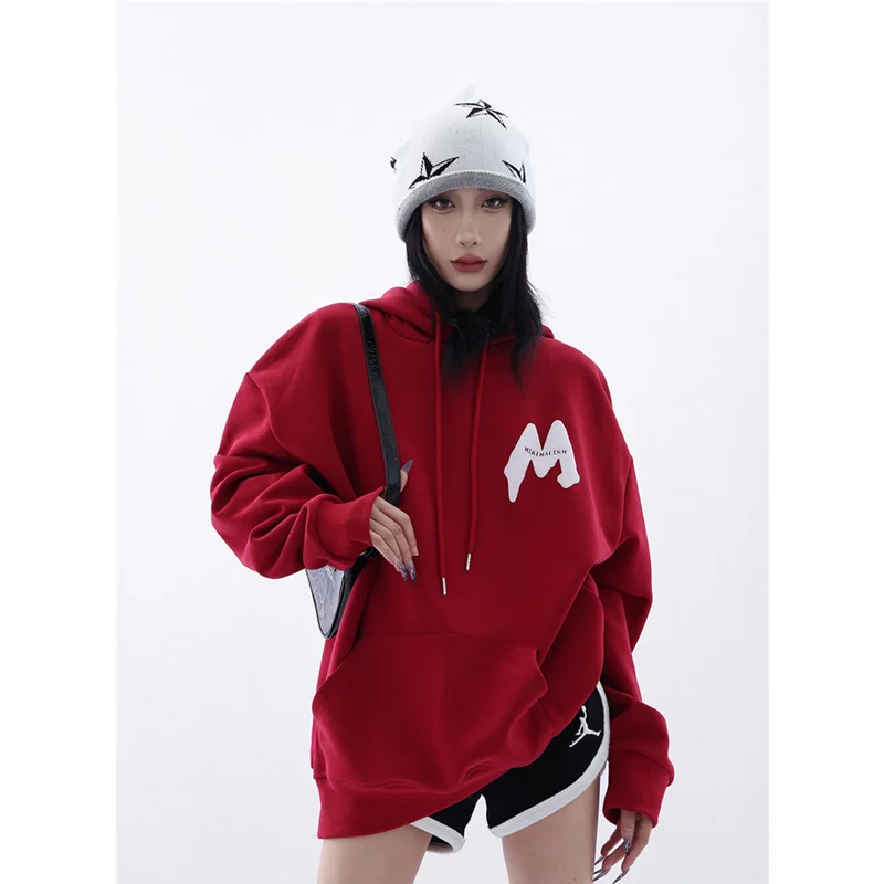 Women's Hoodie Red Fleece Thicken Sweatshirt High Street Long Sleeve Fashion Letter Printing Baggy Female Tops Pullover Winter