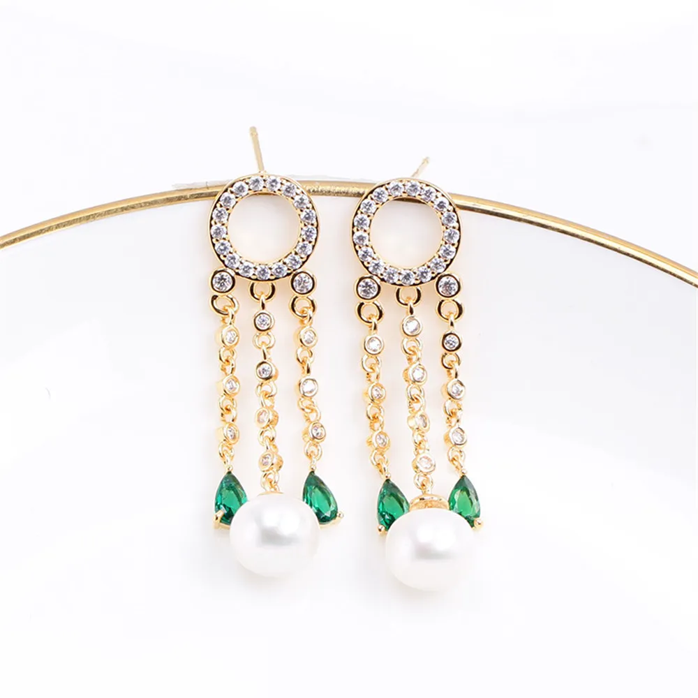 Domestic 14k Gold Color Tassel Water Drop Zircon Pearl Stud Earrings Empty Support DIY Accessories Temperament Women