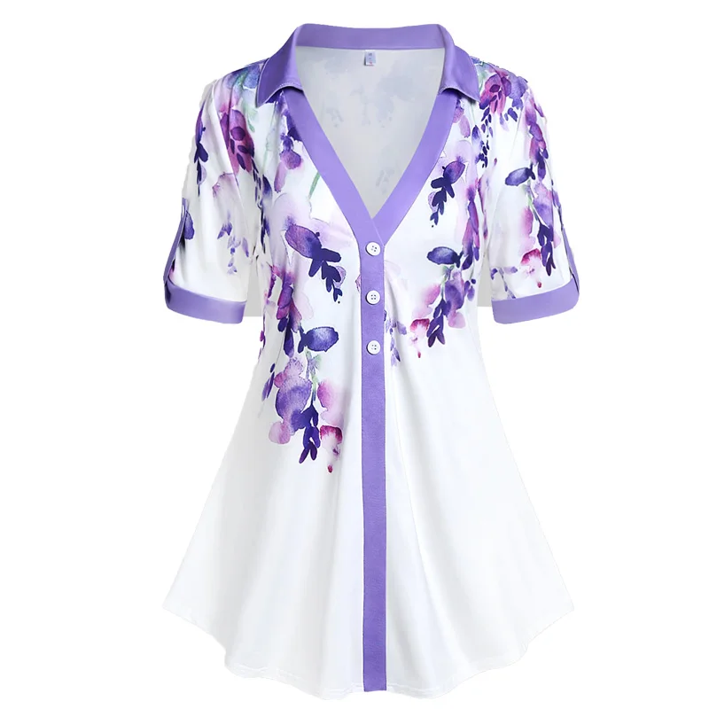 

New Summer Women's Casual Tops Floral Print Blouse Roll Up Sleeves V-Neck Buttoned T-Shirts Ladies Tees For Leggings Jeans