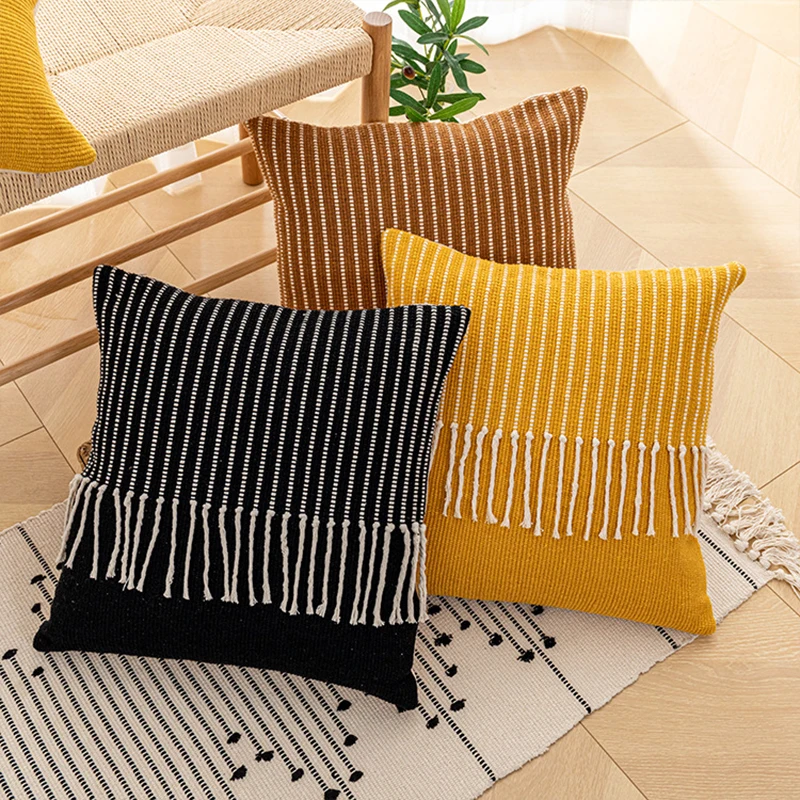

Bohemian Crocheted Tassel Cushion Cover White Blue Simple Line Hand-woven Pillowcase Home Decoration Sofa Throw Pillow Cover