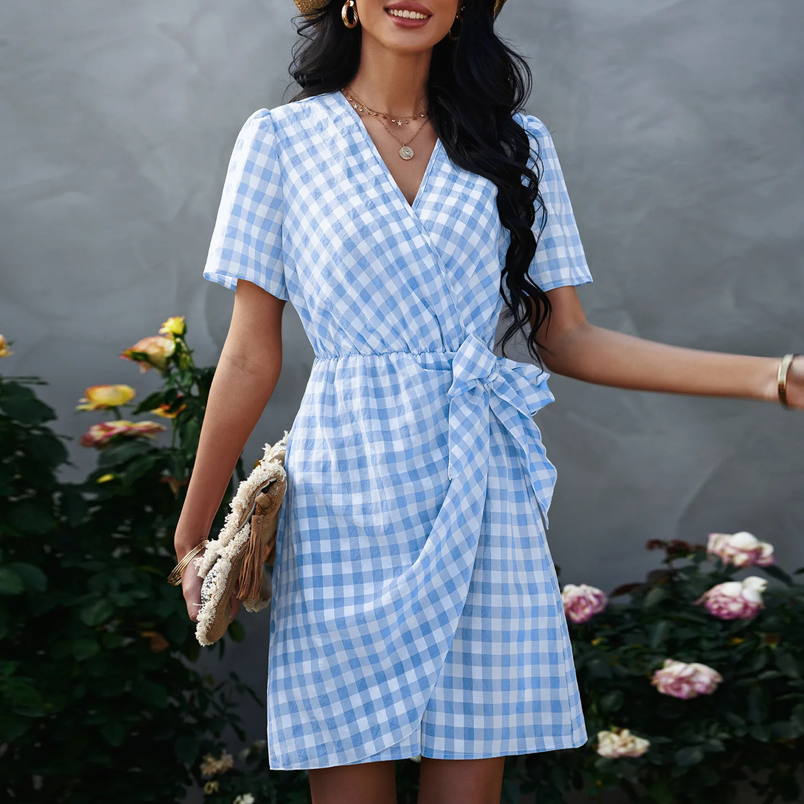

Women's 2022 Summer New Plaid Skirt Women's Fashion Bow V-neck Dress Female & Lady Clothing
