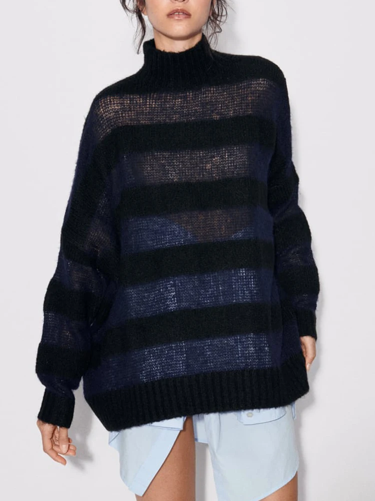 

Женский трикотажный свитер в полоску, свободные пуловеры с длинным рукавом и воротником-хомутом в винтажном стиле, повседневная трикотажная одежда, осень 2023