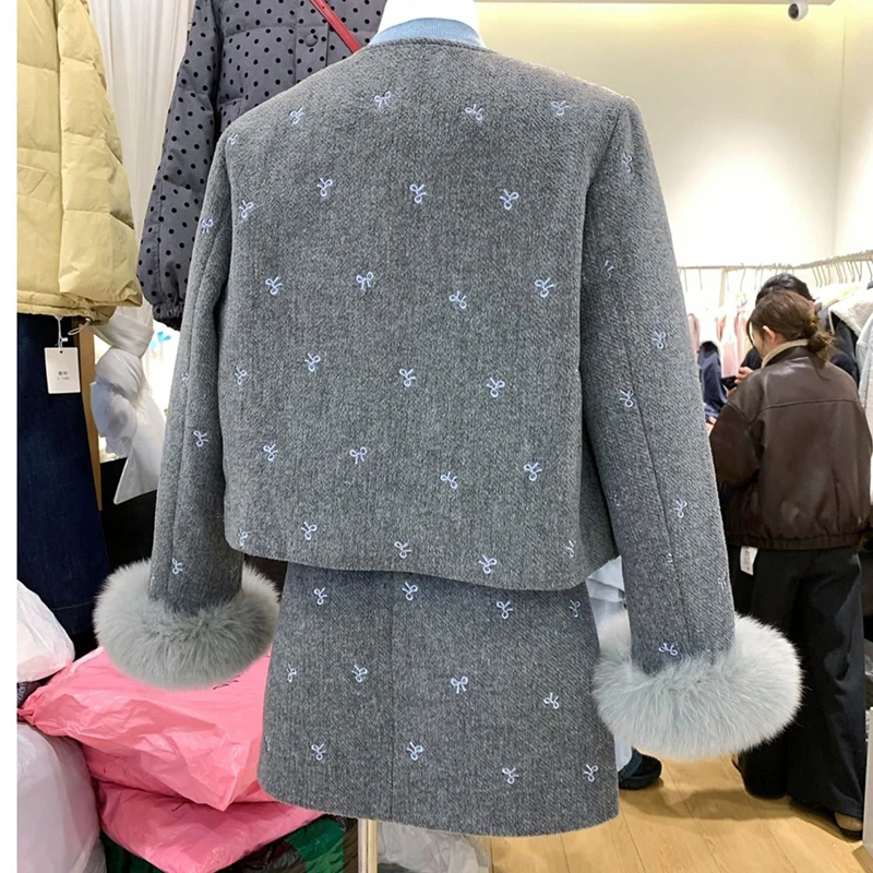 Весенне-зимний комплект из двух предметов с узлом-бабочкой шерстяная меховая