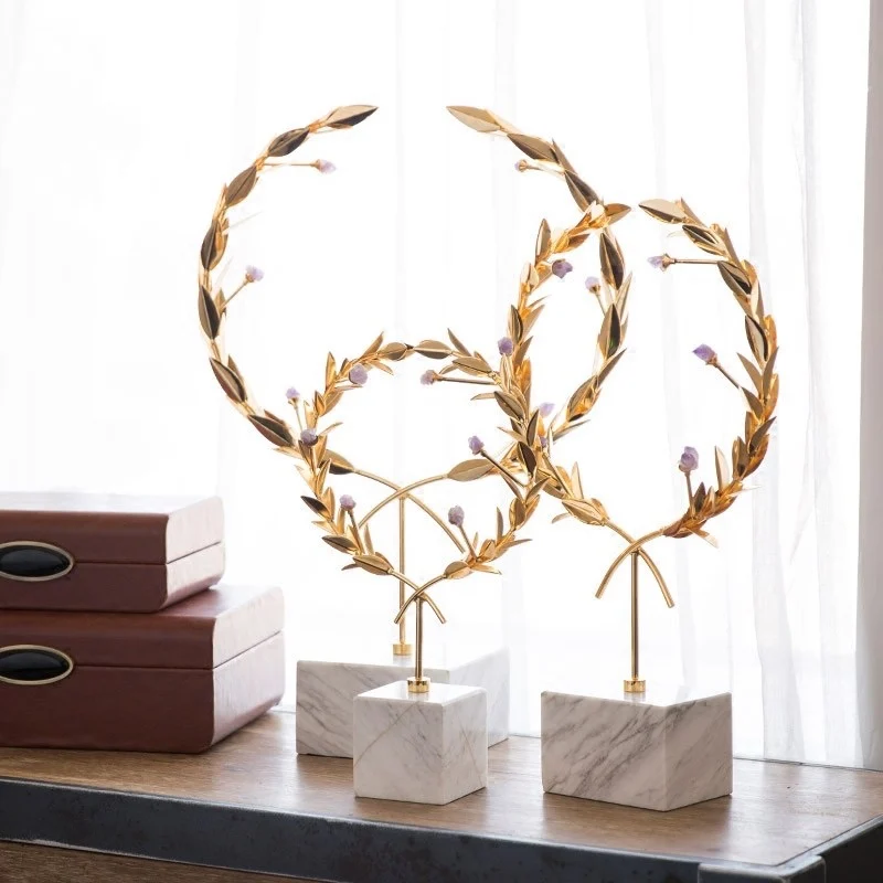 

Light luxury ornaments modern metal wreath crafts living room entrance wine cabinet marble metal home decorations