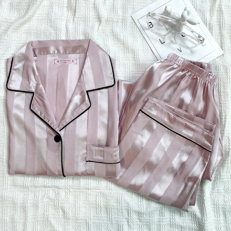 

Женский Шелковый пижамный комплект, новинка весны 2023, одежда для сна с длинным рукавом, пижама с принтом в розовую полоску, женская Свободная Домашняя одежда для девочек