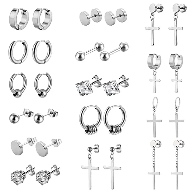 

15 Pairs Stainless Steel Cross Earrings Studs Hoop Punk Earrings Hinged Dangle Cross Earrings for Men and Women Steel